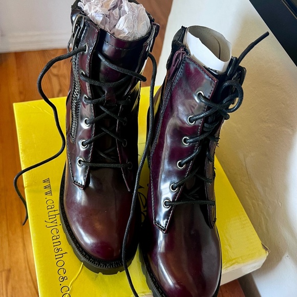 Cathy Jean Patent Leather Lace Up Combat Boots - Picture 1 of 8